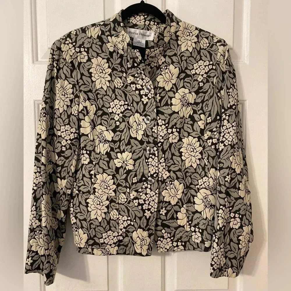 VINTAGE WOMEN'S‎ RENA ROWAN BLACK & CREAM & GRAY FLOWER BLAZER JACKET Size 10